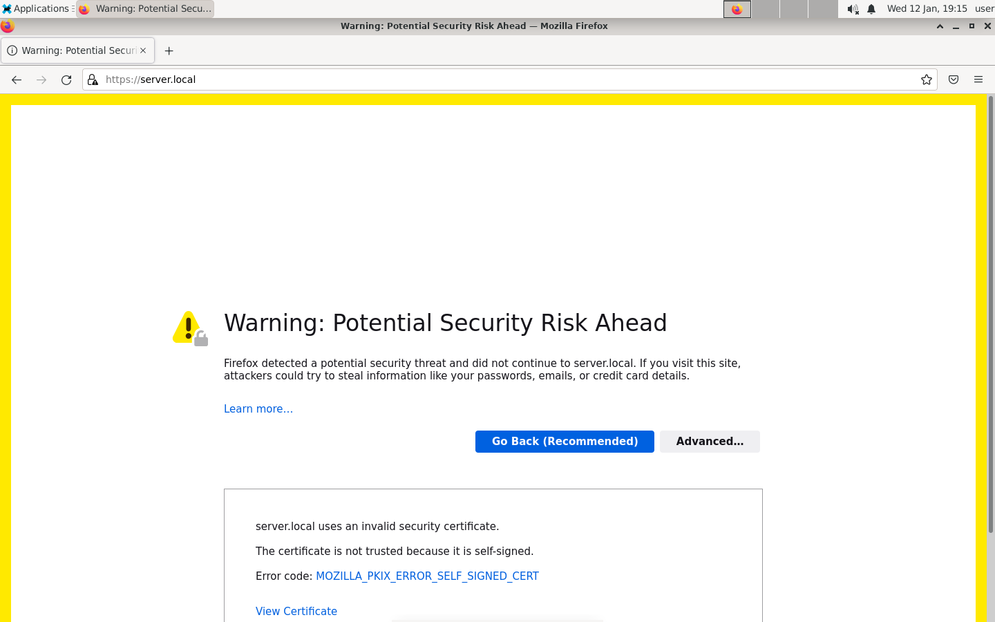 Firefox warning about the certificate
